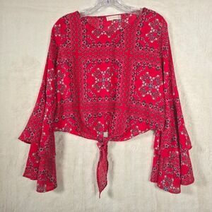 Altar'd State Blouse Women Small Red Bandana Print Tiered Bell Sleeve Tie Boho